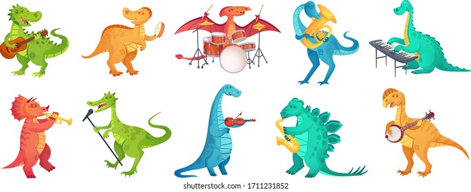 Dinosaur Play Music. Tyrannosaurus Rockstar Play Guitar, Dino Drummer And Cartoon Dinosaurs Musicians Vector Illustration Set. Dinosaur Tyrannosaurus Musician, Character With Guitar