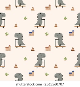 Dinosaur play scooter cartoon so cute. On house grass traffic cone background. Pattern seamless vector illustration. 
