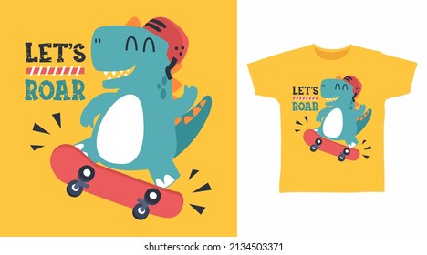 Dinosaur Play Skateboard Cartoon Tshirt Design Concepts