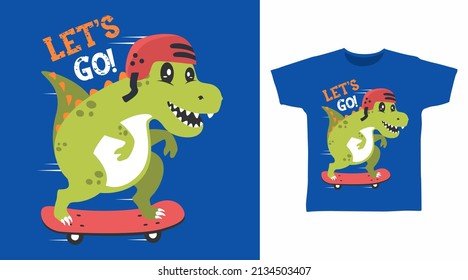 Dinosaur play skateboard cartoon tshirt design concept