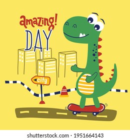 dinosaur play skateboard funny cartoon