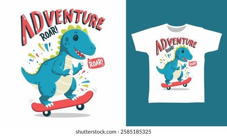 Dinosaur play skateboard hand drawn, vector ready for print on t shirt and other uses.