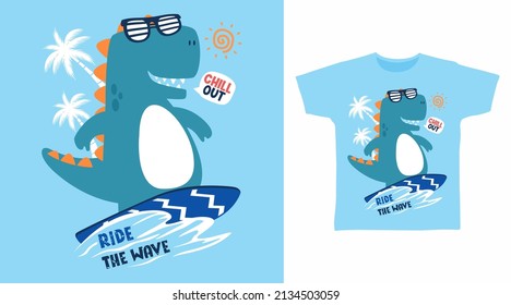 Dinosaur play surfboard cartoon tshirt design concepts