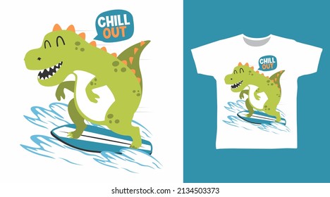 Dinosaur play surfboard cartoon tshirt design concept