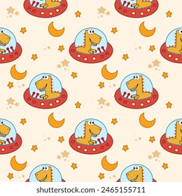 Dinosaur play ufo cartoon so cute. On star moon background. Pattern seamless vector illustration. 
