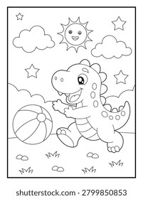 Dinosaur Playing with Beach Ball Coloring Page for Kids. Printable Cartoon Animal Line Art Illustration with Sunshine Clouds Stars and Outdoor Playtime Theme