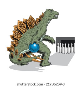 Dinosaur playing bowling. Stegosaurus holding bowling ball. Poster or print of kegling competition or tournament. Comic style vector illustration.