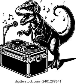 dinosaur playing the DJ console vector monochrome drawing