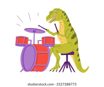 Dinosaur playing drums. Cute dinosaur drummer play music. Cartoon funny crocodile musician with percussion instruments. Music entertainment vector flat illustration isolated on white background