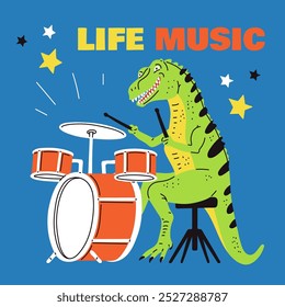 Dinosaur playing drums. Cute dinosaur drummer play music. Cartoon funny crocodile musician with percussion instruments. Colorful Life music vector poster cool design. Music entertainment