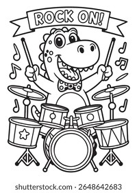 A dinosaur is playing drums with a rock on banner. This is a coloring page with a cute cartoon animal and musical notes. It is a fun illustration.