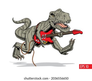 Dinosaurier spielt elektrische Gitarre und springt. Tyrannosaurus oder T. rex. Comische Vektorgrafik.