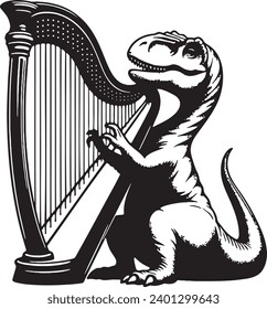 dinosaur playing the harp vector monochrome drawing