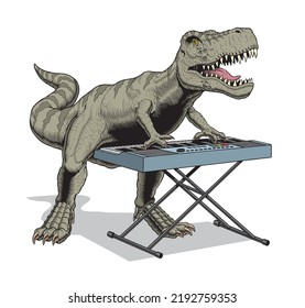 Dinosaur playing piano keyboard isolated on white background. Tyrannosaurus Rex with electronic synthesizer. Vector illustration.