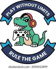 A dinosaur is playing a video game and the words "play without limits" are written below it