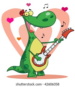 Dinosaur plays guitar with heart background
