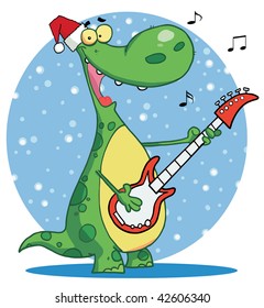 Dinosaur plays guitar with santa ha infront of a blue snowy circle