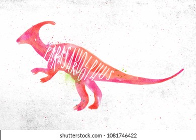 Dinosaur poster lettering parasaurolophus drawing with color, vivid paint on dirty paper background.