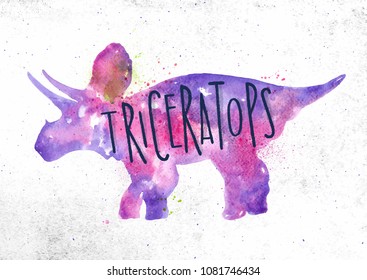 Dinosaur poster lettering triceratops drawing with color, vivid paint on dirty paper background.