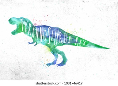 Dinosaur poster lettering tyranosaurus rex drawing with color, vivid paint on dirty paper background.