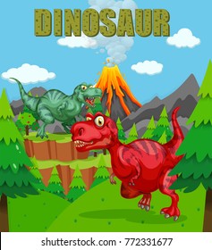 Dinosaur poster with two t-rex in the field illustration