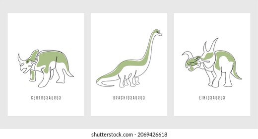 Dinosaur posters. A set of posters in a linear style. Vector illustration. Abstract illustration isolated on white background. Interior element.