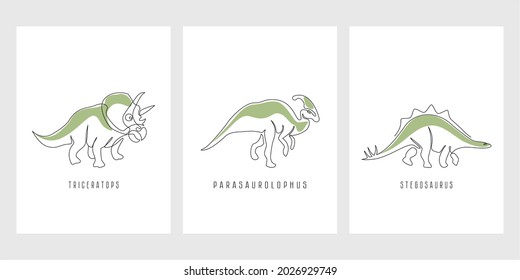 Dinosaur posters. Triceratops, Parasaurolophus, Stegosaurus. Vector illustration. Abstract illustration on a white background.
