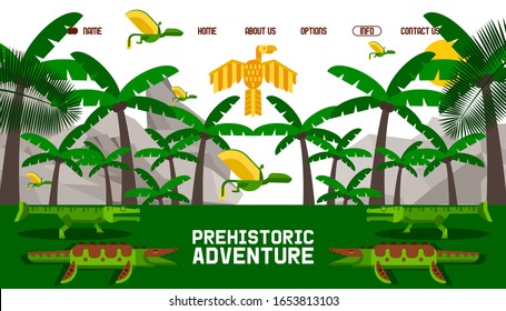 Dinosaur prehistoric adventure, website in simple geometric cartoon style, vector illustration. Dino world creatures, prehistoric monsters, childish dinosaurs in exotic nature. Landing page design
