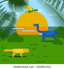 Dinosaur prehistoric animal in nature landscape, simple geometric cartoon style, vector illustration. Dino world creatures, prehistoric monsters, childish dinosaurs in summer nature. Jurassic period