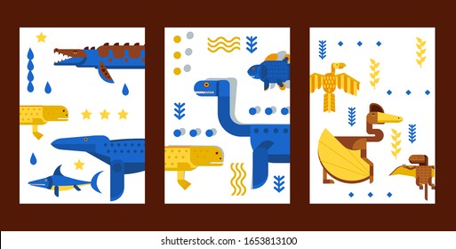 Dinosaur prehistoric animal on banner set in simple geometric cartoon style, vector illustration. Dino world creatures, prehistoric monsters, childish dinosaurs on banner collection in flat design