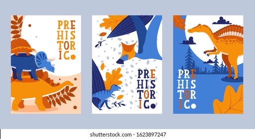 Dinosaur Prehistoric Animals Typographic Banner Set, Dino World Book Cover Vector Illustration. Natural History Museum Exposition Invitation, Jurassic Dinosaurs In Flat Design, Prehistoric Creatures