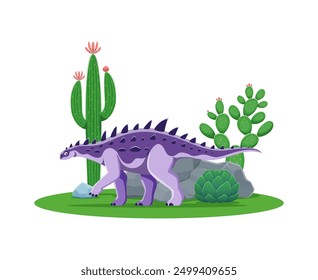 Personaje prehistórico de dinosaurio o dibujos animados Dino jurásico Struthiosaurus, lagarto de Vector. Dinosaurio de la era jurásica Struthiosaurus con púas en la parte posterior en la selva para la colección de juguete de paleontología para niños