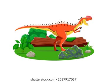 Personagem pré-histórico de dinossauros ou desenho animado Dino Jurássico Monolophosaurus, lagarto gigante vetorial. Monolophosaurus dinossauro da era jurássica com espinhos nas costas e rugido no parque florestal para paleontologia infantil