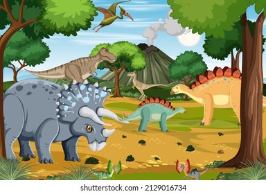 Dinosaur in prehistoric forest scene illustration