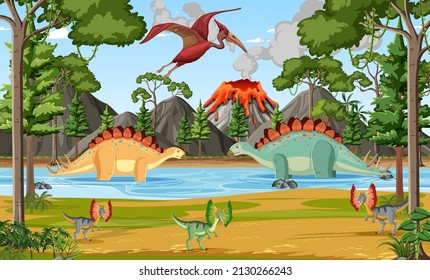 Dinosaur in prehistoric forest scene  illustration