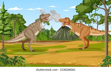 Dinosaur in prehistoric forest scene illustration