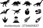 Dinosaur and prehistoric icons vector set in black silhouette style, featuring tyrannosaurus rex, triceratops, stegosaurus, long neck sauropod, pterodactyl, velociraptor, baby dinosaur hatching from egg, skull fossil, footprint, volcano, fern leaf and meteor, ideal for kids posters, museum graphics, games and educational materials.