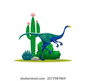 Dinosaur or prehistoric lizard Garudimimus and dino animal character, cartoon vector. Jurassic or Cretaceous era Garudimimus bird dinosaur of ornithomimosaur species for kid paleontology encyclopedia