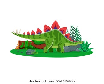 Dinosaurio o lagarto prehistórico Stegosaurus y personaje animal dino, Vector de dibujos animados. Dinosaurio Stegosaurus de la era jurásica con púas de espina blindadas para la enciclopedia de paleontología infantil y atlas de dinosaurios