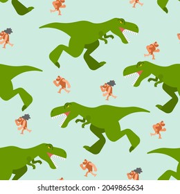 Dinosaur and prehistoric man pattern seamless. T-rex and ancient man background