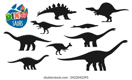 Dinosaurio, siluetas de reptiles prehistóricos. Animal extinto, lagarto paleontológico. Amurosaurus, Metriorhynchus, Oxalaia y Lexovisaurus, Aegyptosaurus, Silueta vectorial de dinosaurio Jurásico del Neovenador