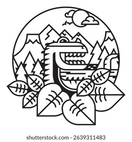 Dinosaur in prehistoric wild nature with water, mountains, volcanoes and sky. Vector geometric black outline round logo on white background. Template children's coloring book.