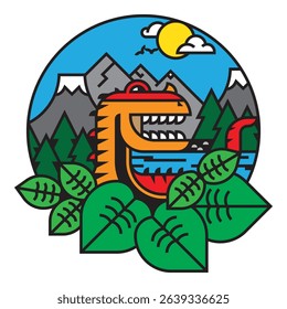 Dinosaur in prehistoric wild nature with water, mountains, volcanoes and sky. Vector geometric color round logo on white background. 