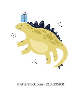 Dinosaur with a present. HAnd drawn vector illustration. Happy birthday concept