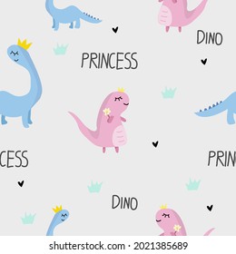 Dinosaur princess animal pattern vector illustration holding flowers seamless on gray background. Used for shirt pattern, wrapping paper, curtain, carpet, book cover.