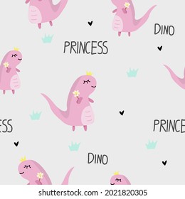 Dinosaur princess animal pattern vector illustration holding flowers seamless on gray background. Used for shirt pattern, wrapping paper, curtain, carpet, book cover.