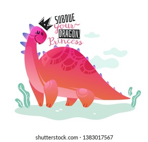 Dinosaur princess poster. Cute dino girl print t-shirt text kids funny design happy animal cover casual textile banner cartoon vector texture