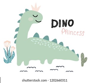 dinosaur princess vector print in scandinavian style. chldish illustration for t shirt, kids fashion, fabric