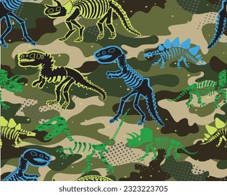 dinosaur print over camo background 