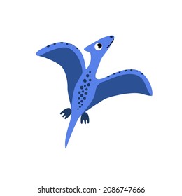 Dinosaur. Pterodactyl. Ornithosaurian. Jurassic Period. Bright blue dino in flat and cartoon style. Isolated vector stock illustration EPS 10 on white background 